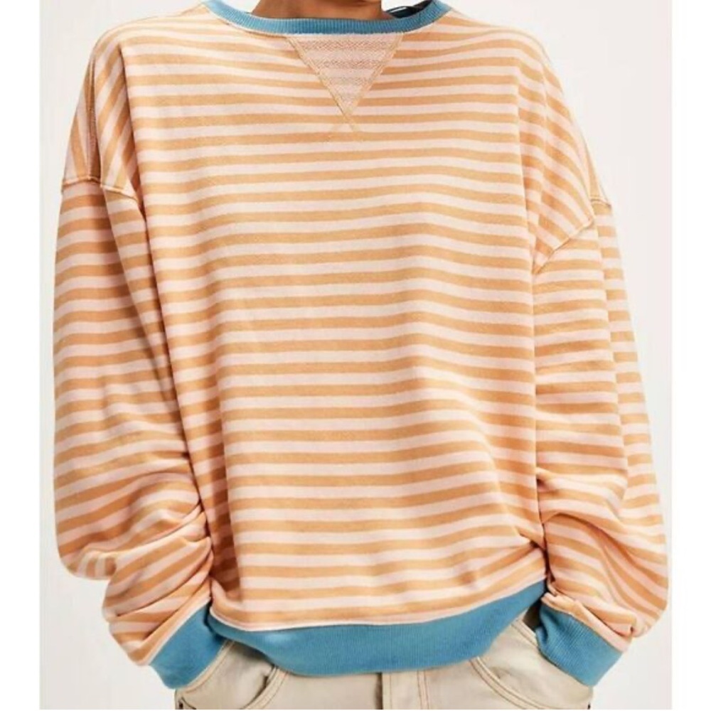 We The Free Peach & Cream Striped Oversized Long Sleeve Top - Picture 2 of 10